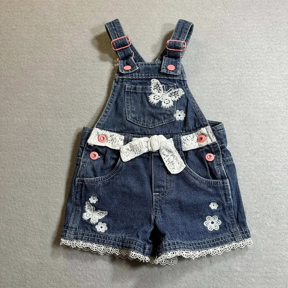 Baby Girl Denim Shortalls Size 2T Butterfly Lace Bow Embroidered Overalls
